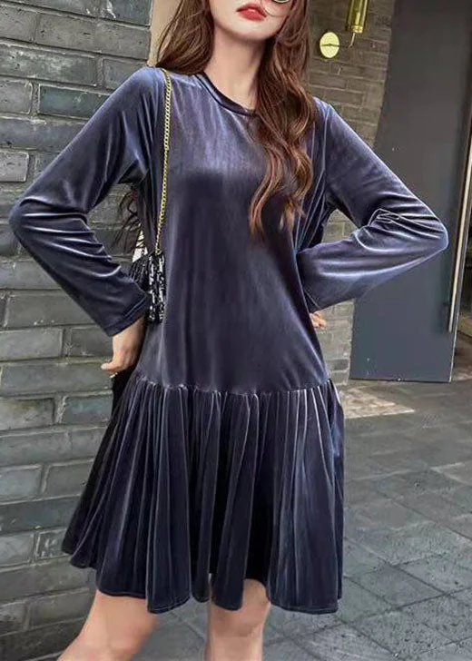 Bohemian Blue Patchwork Velour pleated skirt Spring chiffon skirt lightweight