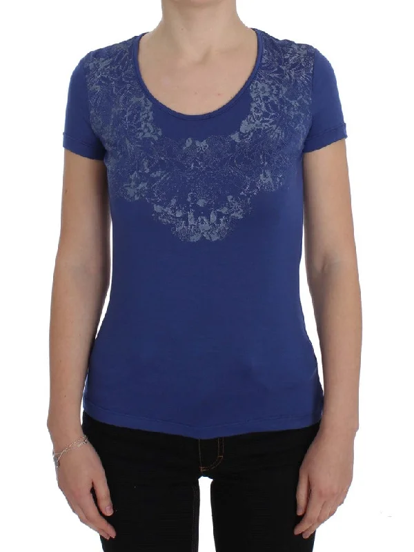 Elegant Blue Crew Neck Tee with Logo Detail Spandex Blend Rayon Blend Denim Blend