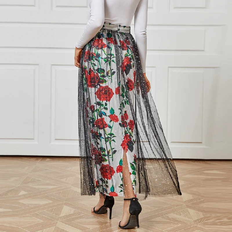 NiDELL MXZ-26 Fashion Autumn New European and American Women's Clothing Elegant Casual Mesh Floral Print Skirt in Stock linen skirt natural