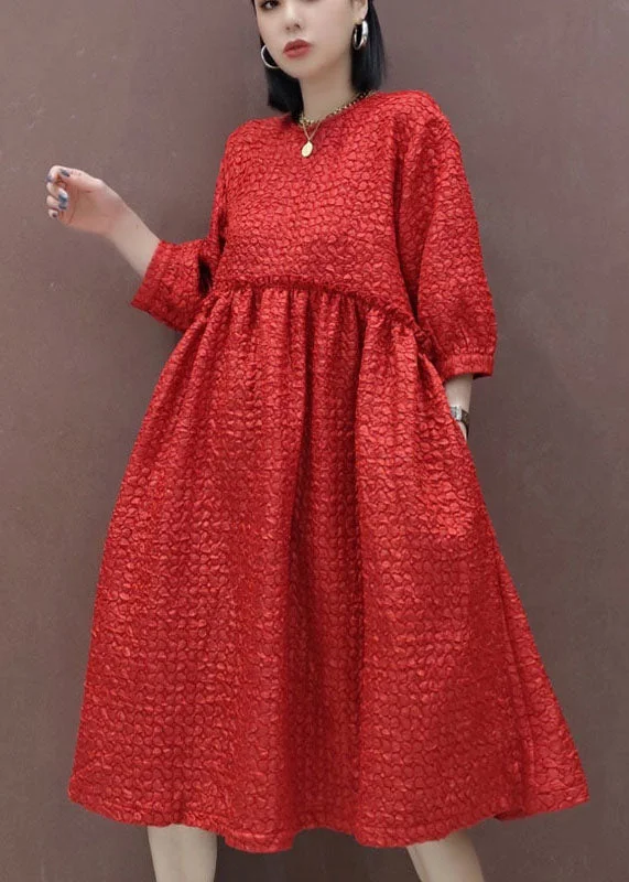 plus size Red O-Neck A line skirts Spring pleated skirt texture