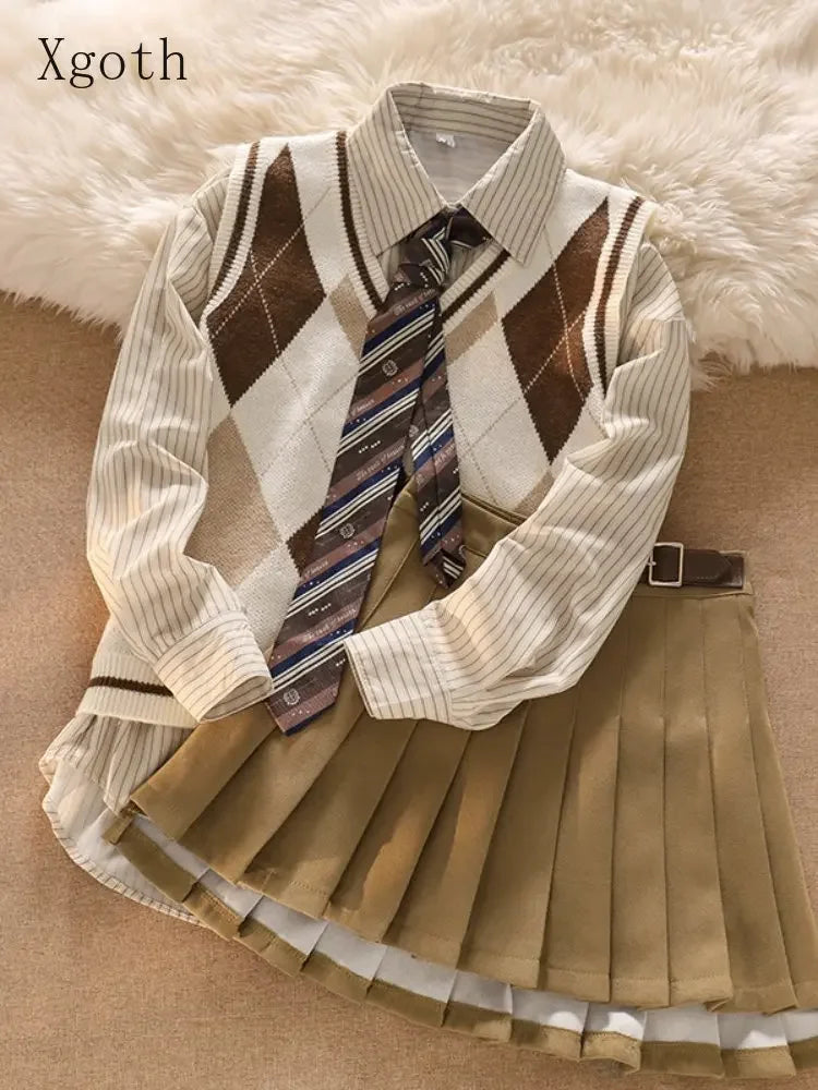 College Style Set Layered Knitted Vest , Shirt & Pleated Skirt 3pcs Set wool skirt breathable