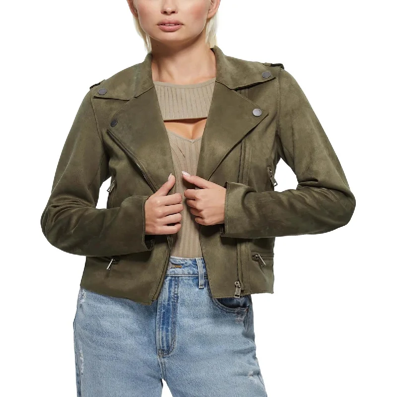Monica Womens Faux Leather Raw Hem Motorcycle Jacket Welt Pockets Slit Pockets Flap Pockets