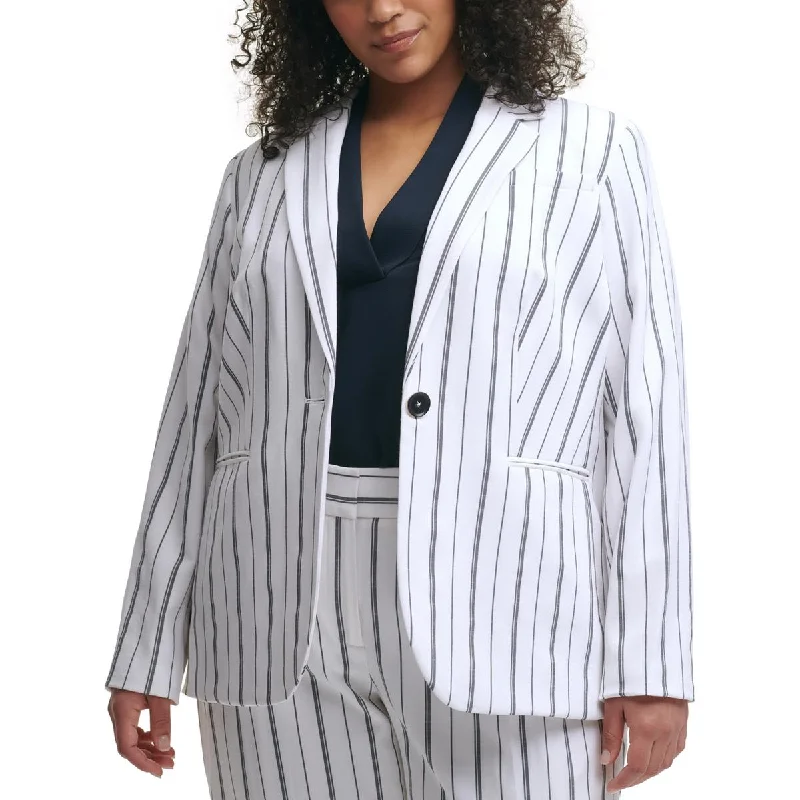 Plus Womens Pinstripe Long Sleeved Suit Jacket Zippered Jacket Buttoned Jacket Snapped Jacket