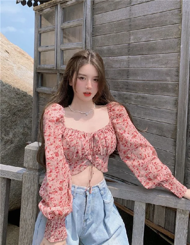 Fashion Floral Chiffon Women's Shirt Sweet Square Neck Puff Sleeve Crop Tops Lace Up Long Sleeve Blouse Woman      S2828 Beaded Sequined Faux Fur