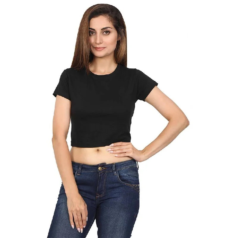 Plain Black Crop Top for Women Collared Crop Top Boat Neck A-Line