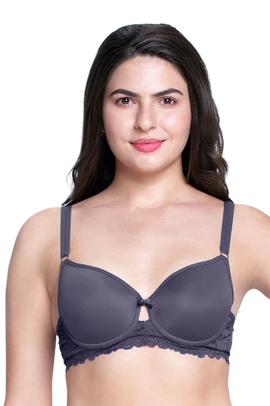 Strappy Bliss Solid Padded wired Lace Bra - Graystone Elegant Lace Lingerie