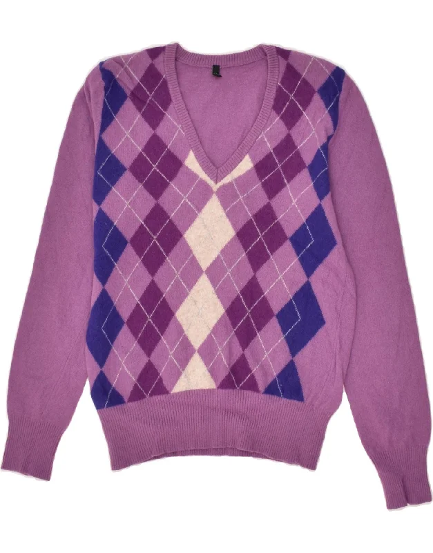 BENETTON Womens V-Neck Jumper Sweater UK 14 Large Purple Argyle/Diamond Spandex Rayon Corduroy BENETTON Womens V-Neck Jumper Sweater UK 14 Large Purple Argyle/Diamond Spandex Rayon Corduroy