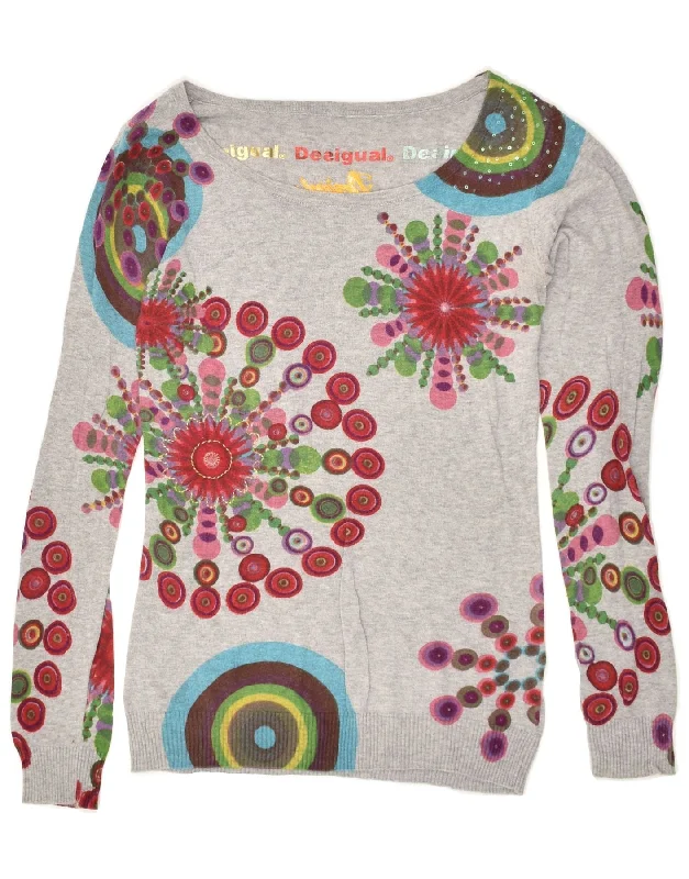 DESIGUAL Womens Graphic Boat Neck Jumper Sweater UK 10 Small Grey Seamless Knitted Crochet