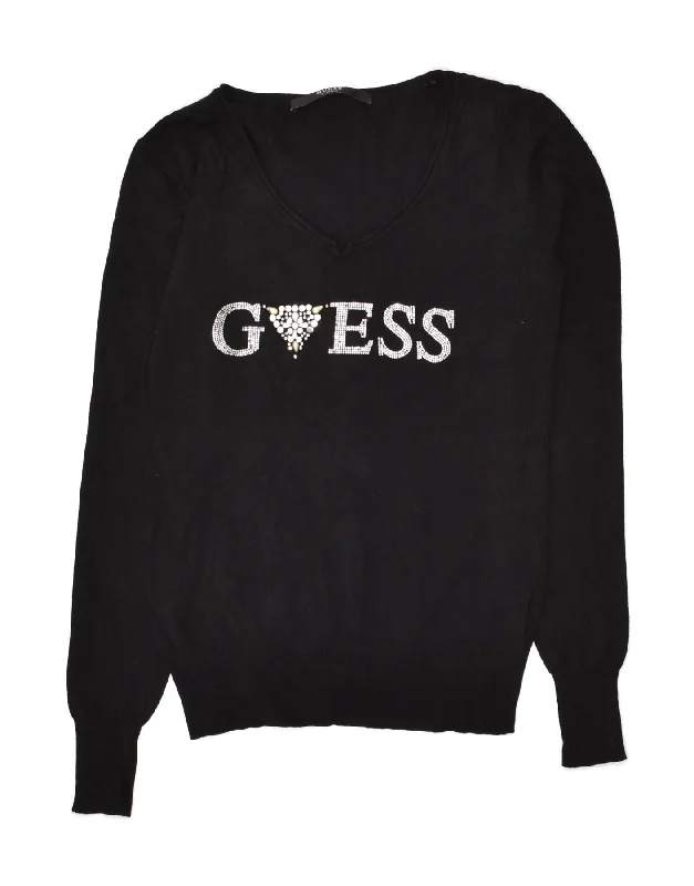 GUESS Womens Graphic V-Neck Jumper Sweater UK 4 XS Black Viscose Fleece Sweater Nylon Polyester GUESS Womens Graphic V-Neck Jumper Sweater UK 4 XS Black Viscose Fleece Sweater Nylon Polyester