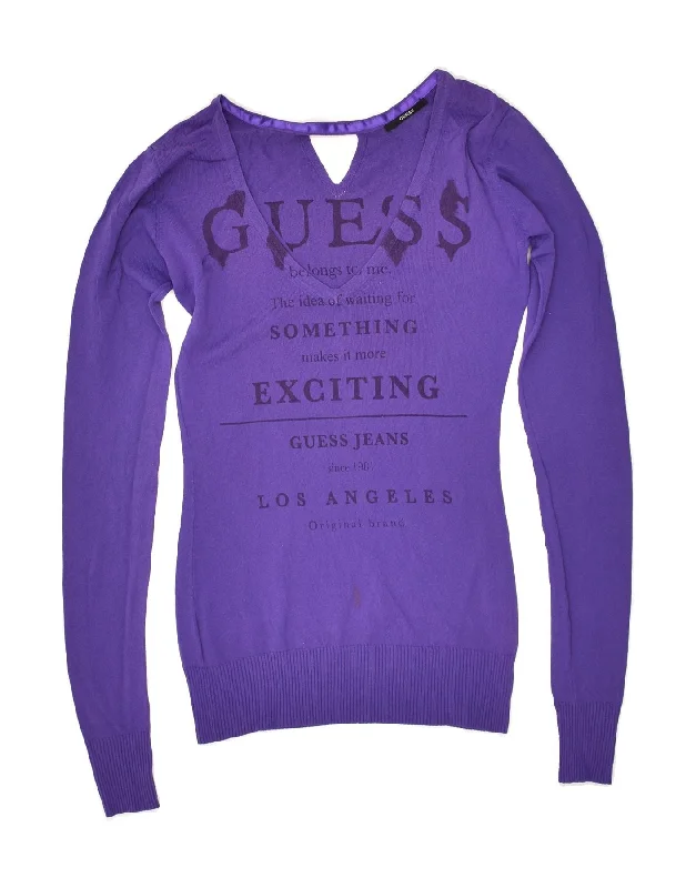 GUESS Womens Graphic V-Neck Jumper Sweater UK 4 XS Purple Terry Terry Cloth Terry Knit