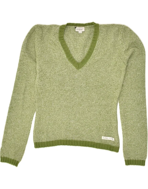 GUESS Womens V-Neck Jumper Sweater UK 14 Large Green Wool Graphic Sweater Embroidered Appliqued GUESS Womens V-Neck Jumper Sweater UK 14 Large Green Wool Graphic Sweater Embroidered Appliqued