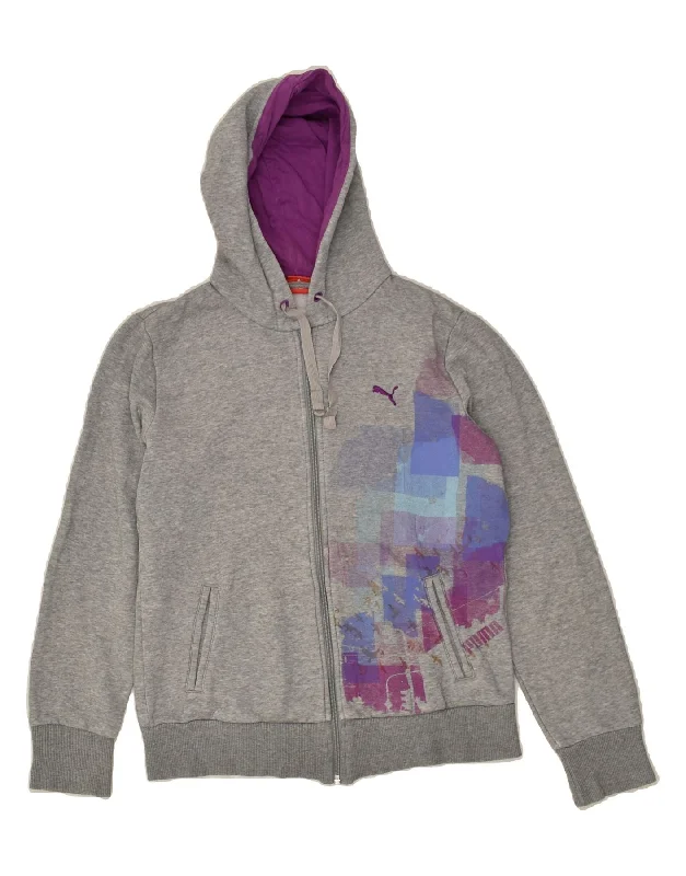PUMA Womens Graphic Zip Hoodie Sweater UK 12 Medium  Grey Cotton Modern Contemporary Chic