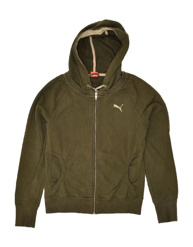 PUMA Womens Zip Hoodie Sweater UK 12 Medium Khaki Cotton Ribbed Striped Patterned