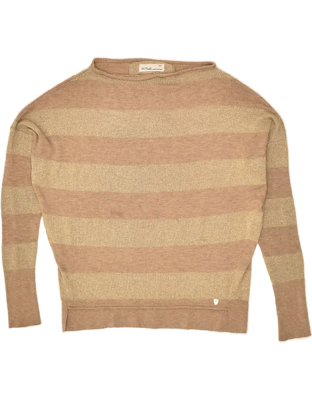 REPLAY Womens Boat Neck Jumper Sweater UK 18 XL Brown Striped Stretchy Elastic Breathable