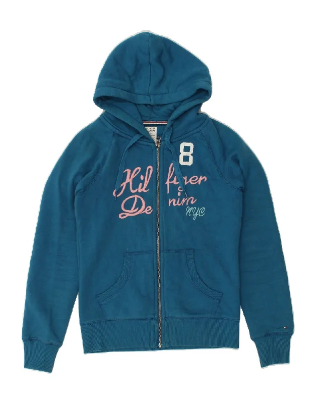 TOMMY HILFIGER Womens Graphic Zip Hoodie Sweater UK 12 Medium Blue Cotton Lightweight Heavyweight Midweight TOMMY HILFIGER Womens Graphic Zip Hoodie Sweater UK 12 Medium Blue Cotton Lightweight Heavyweight Midweight
