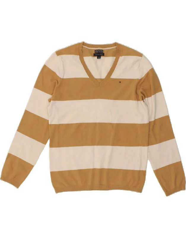 TOMMY HILFIGER Womens V-Neck Jumper Sweater UK 14 Large Beige Striped Toggled Drawstring Belted