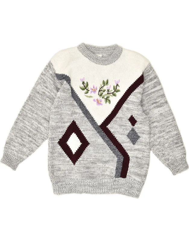 VINTAGE Womens Graphic Crew Neck Jumper Sweater UK 14 Medium Grey Floral Silk Blend Satin Velvet VINTAGE Womens Graphic Crew Neck Jumper Sweater UK 14 Medium Grey Floral Silk Blend Satin Velvet