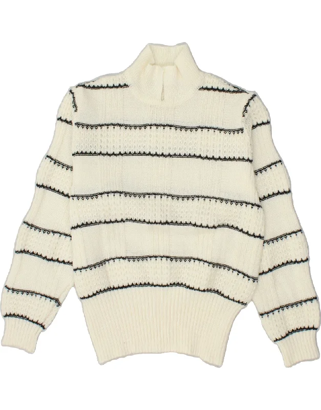 VINTAGE Womens Polo Neck Jumper Sweater UK 14 Large Off White Striped Chenille Brocade Lace