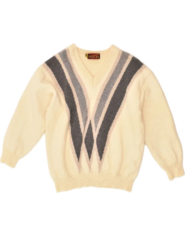 VINTAGE Womens V-Neck Jumper Sweater UK 14 Medium Beige Geometric Boxy Sweater Fitted Sweater A-Line VINTAGE Womens V-Neck Jumper Sweater UK 14 Medium Beige Geometric Boxy Sweater Fitted Sweater A-Line