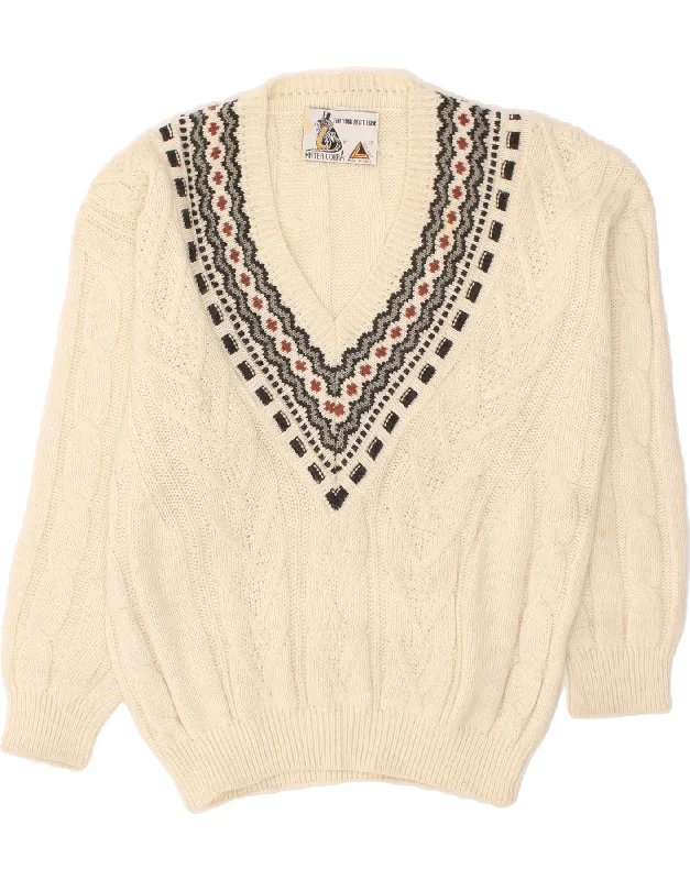VINTAGE Womens V-Neck Jumper Sweater UK 14 Medium Beige Wool Ribbed Striped Patterned VINTAGE Womens V-Neck Jumper Sweater UK 14 Medium Beige Wool Ribbed Striped Patterned