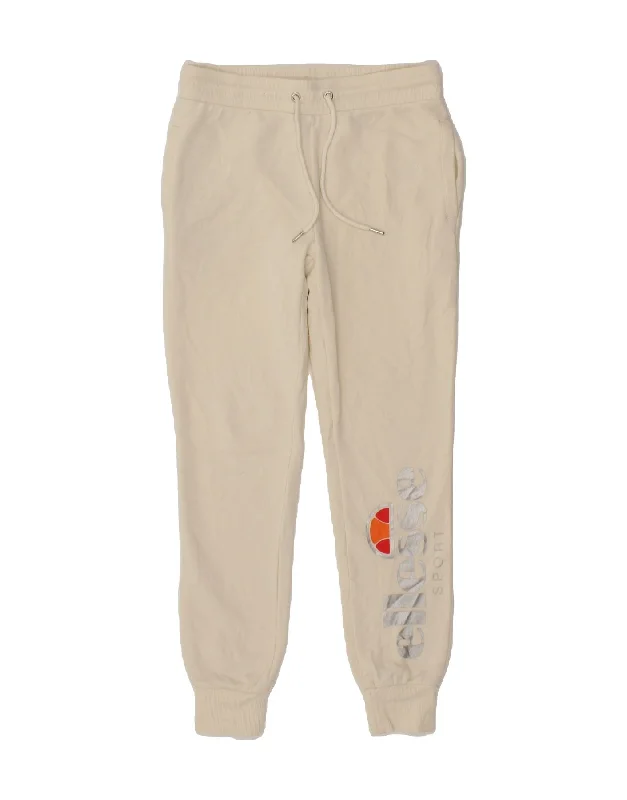 ELLESSE Womens Graphic Tracksuit Trousers Joggers UK 10 Small Off White Trousers Yoga Stretchy