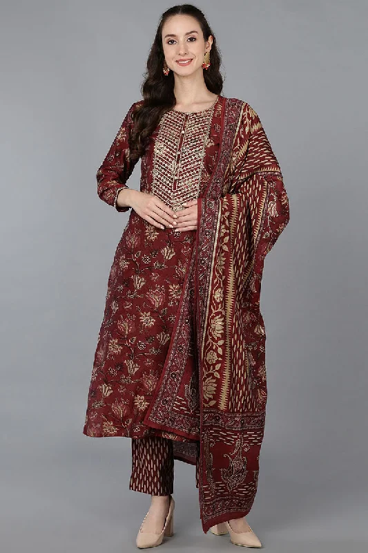 Maroon Silk Blend Floral Straight Kurta Trousers With Dupatta Trousers Silk Elegant