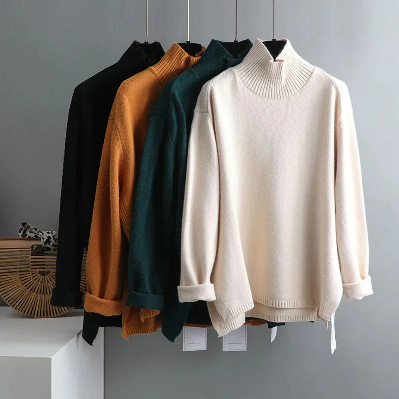 Splitside Oversize Thick Sweater Women Turtleneck Sweater Pullover Ribbed Crew Neck