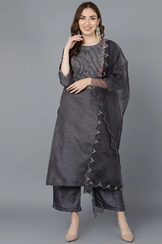 Women Charcoal Poly Silk Embroidered Kurta Trousers With Dupatta Wide Leg Loose Fit Mid Waist
