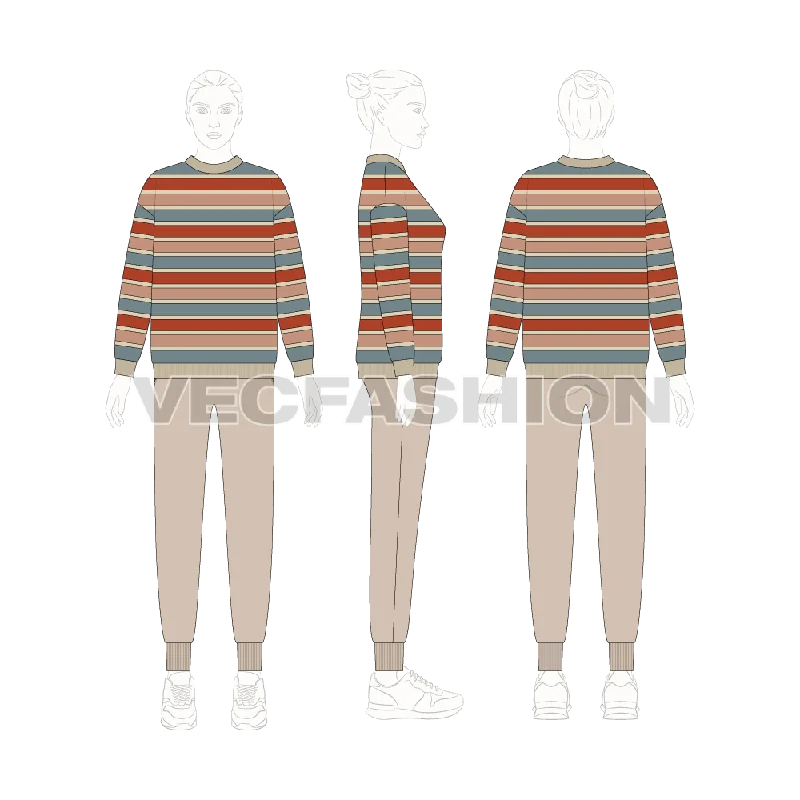 Women Striped Pullover Sweater V-Neck Stylish Pullover